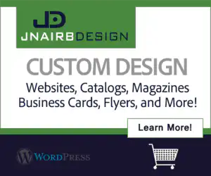 Custom design services banner for Jnairb Design offering websites, catalogs, magazines, business cards, flyers, and branding.