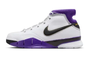 Nike Kobe 1 Protro 81 Point Game sneakers in white, black, and purple colorway on clean background.