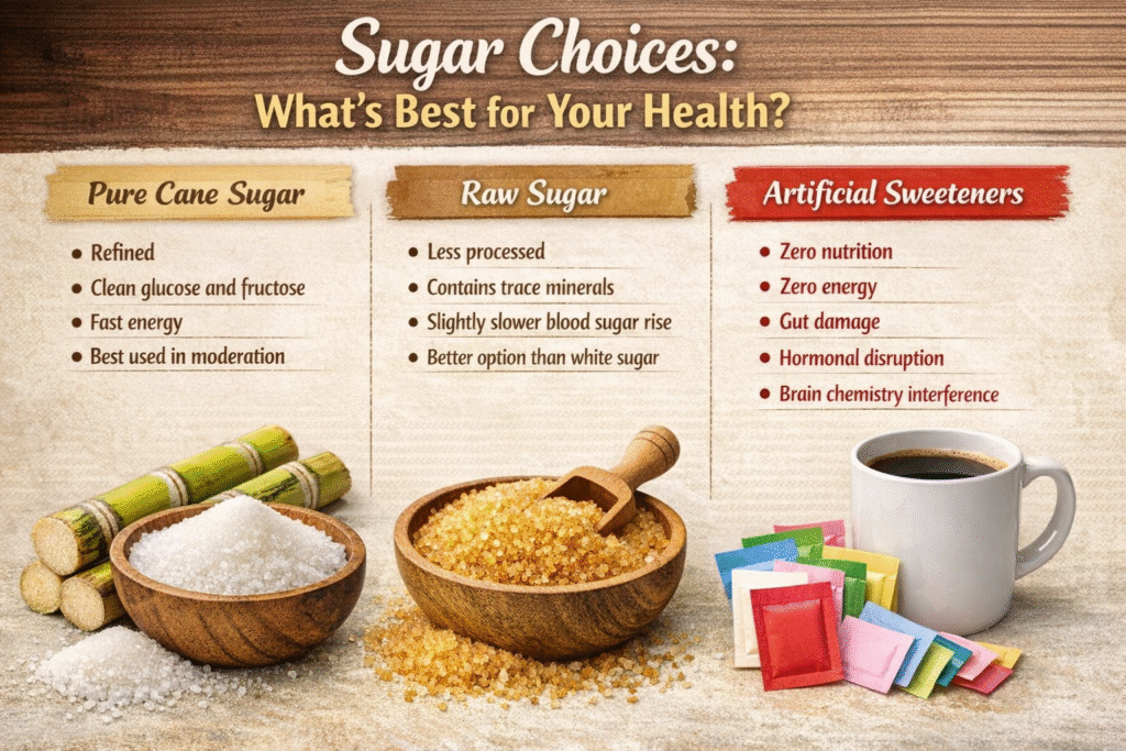 Infographic comparing pure cane sugar, raw sugar, and artificial sweeteners, showing energy, nutrition, gut health, and brain impacts