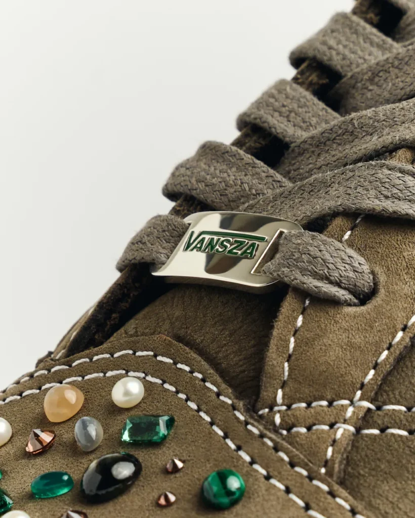 VANSZA custom lace hardware on SZA Vans sneakers with gemstone embellishments and suede upper