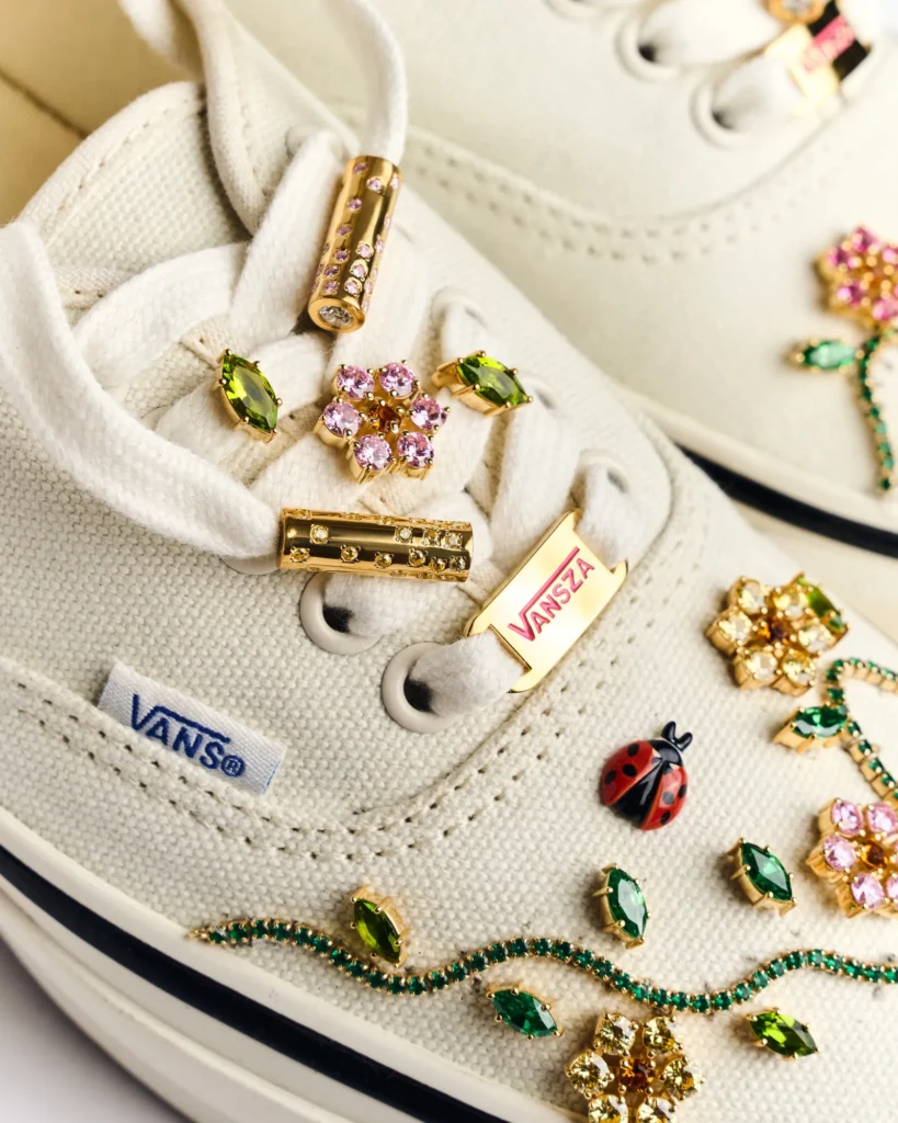 SZA custom white Vans Authentic 44 with ladybug and gemstone embroidery by Rachel Goatley