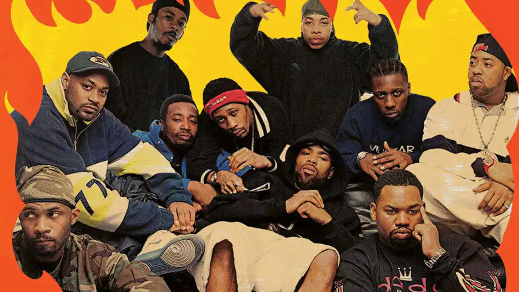 Wu-Tang Clan original group photo from the 36 Chambers era, defining early hip hop street fashion.