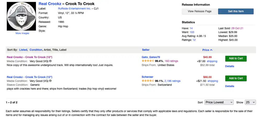 Discogs release page showing Real Crookz Crook To Crook vinyl details produced by Ruffside Entertainment in 1995.