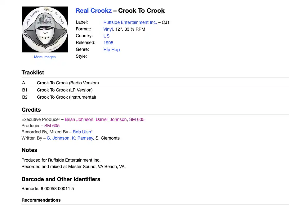 Discogs marketplace listings showing Real Crookz Crook To Crook vinyl available for purchase by collectors.