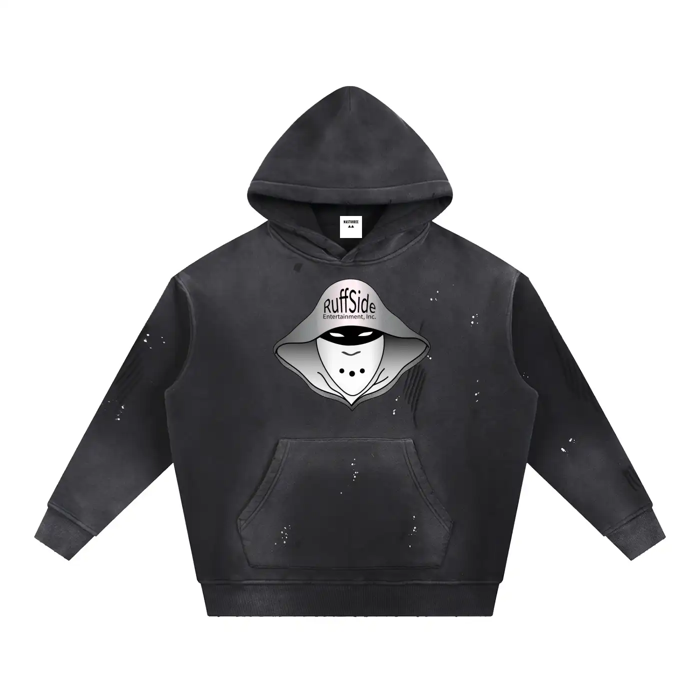 Black vintage frayed hoodie featuring Ruffside Entertainment Real Crookz logo inspired by 90s underground hip hop cultur