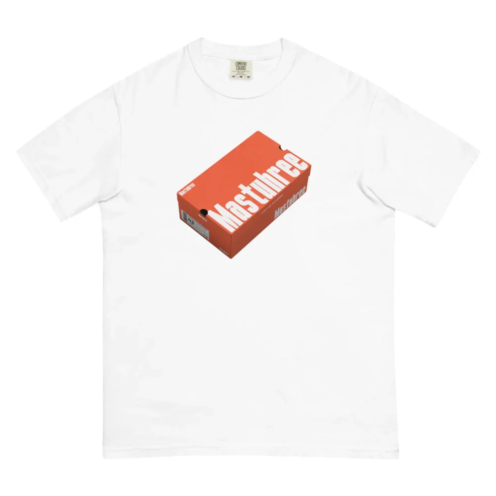 Heavyweight white t-shirt orange graphic sneaker culture box apparel