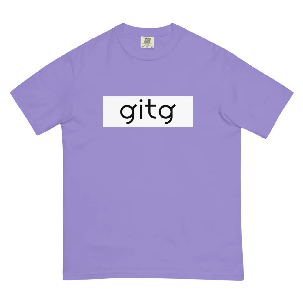 Violet God Is the Greatest T-shirt with black GITG typography on a white rectangular graphic