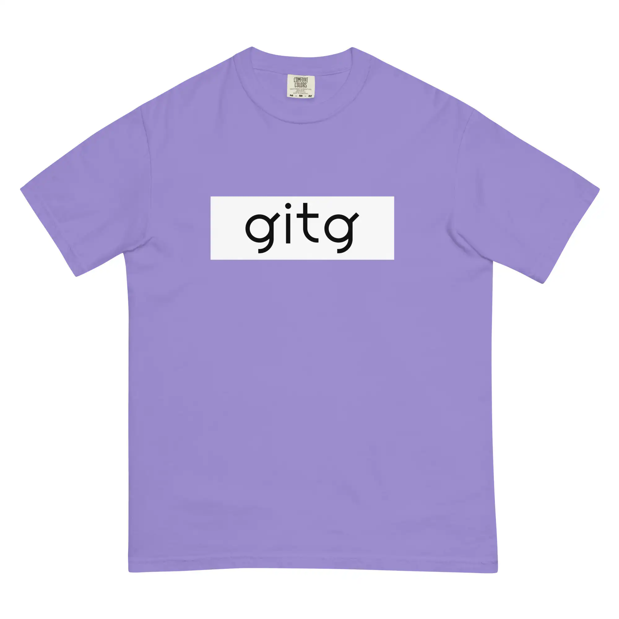 Violet God Is the Greatest T-shirt with black GITG typography on a white rectangular graphic