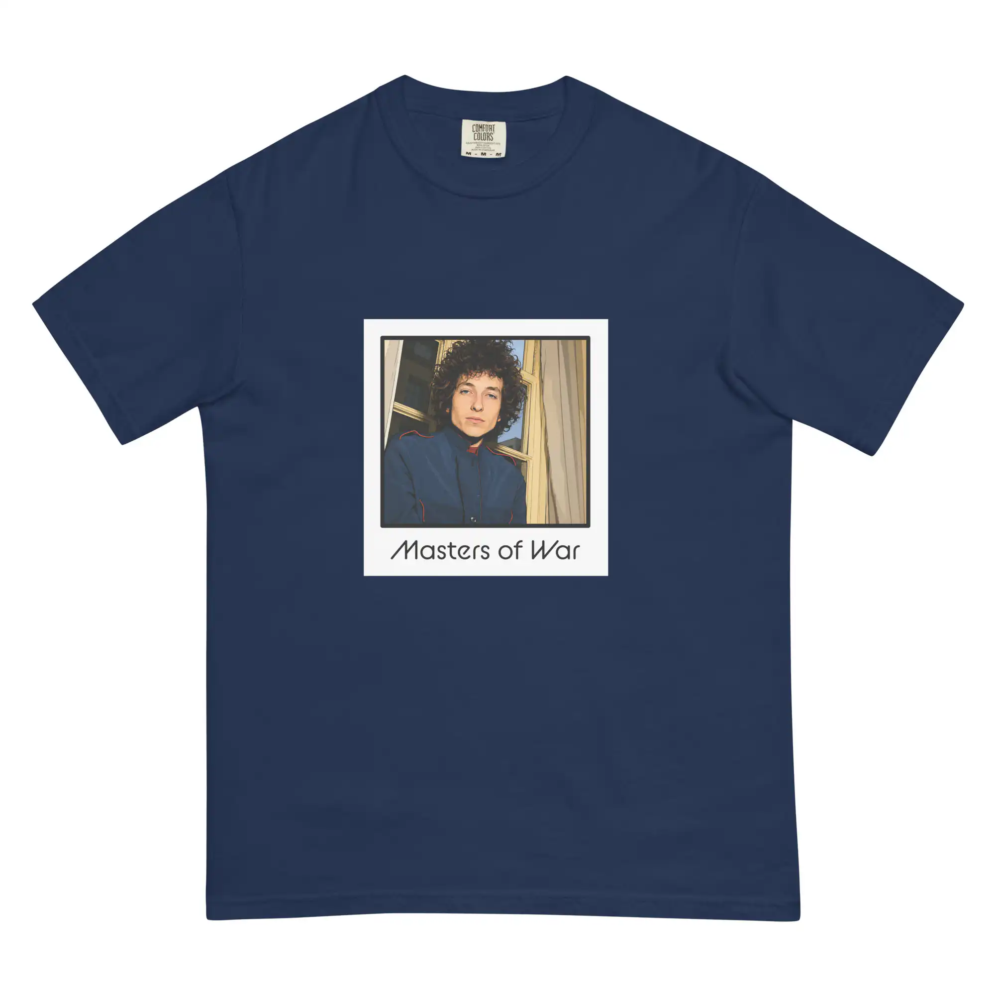 Masters of War graphic t-shirt featuring Bob Dylan inspired artwork with themes of money, power, influence, protest music, and vintage streetwear fashion.