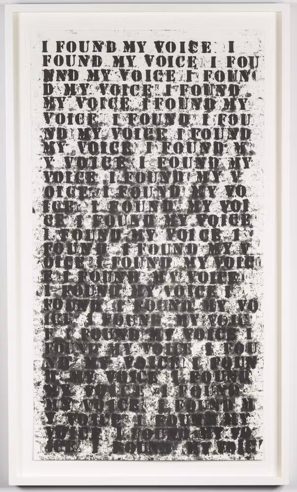 I Found My Voice artwork by Glenn Ligon featuring repeated distressed typography that gradually fades and dissolves across the canvas, symbolizing self-expression, identity, language, memory, and the journey of finding one's creative voice.