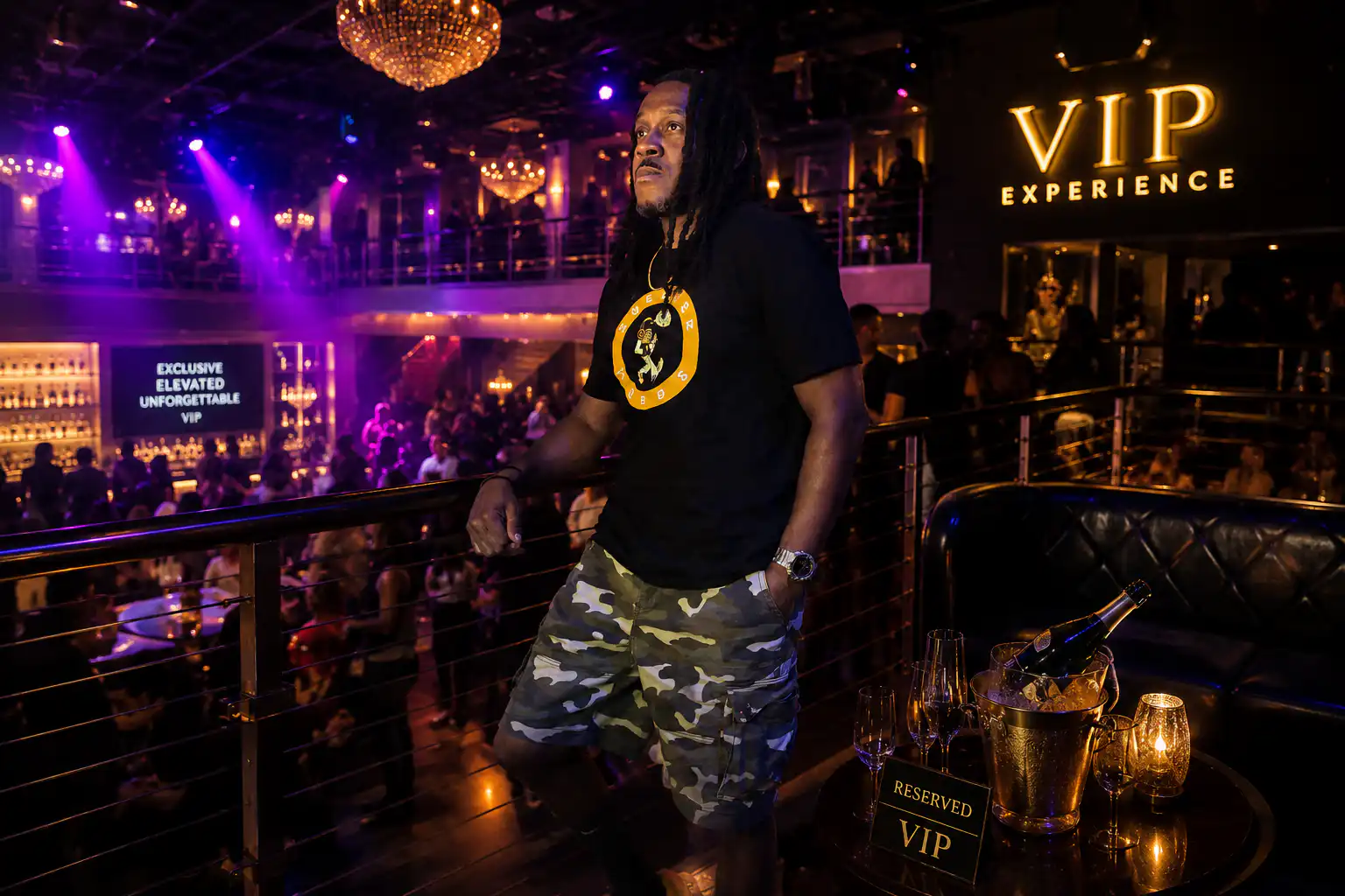Premium graphic t-shirts and luxury-inspired streetwear by Mastuhree Brand showcased in an upscale VIP nightlife setting.