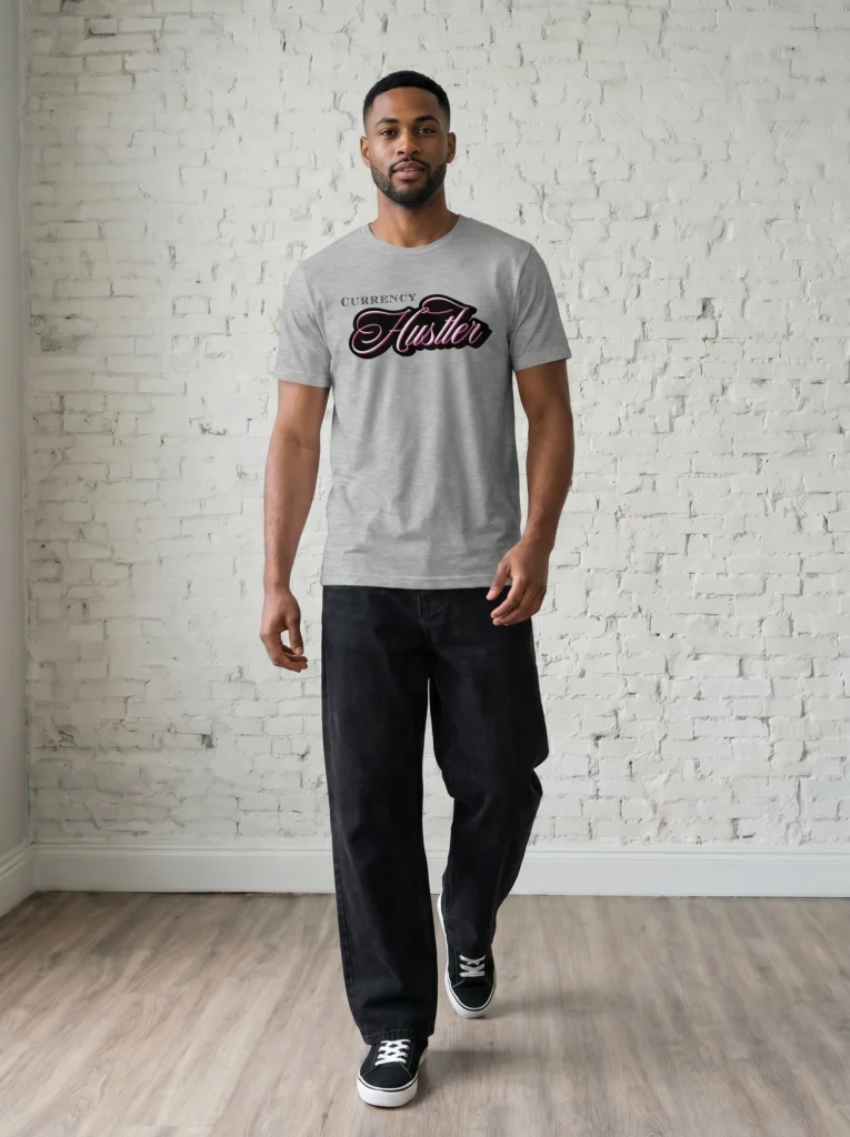 Male model wearing the Mastuhree Brand Currency Hustler graphic t-shirt with relaxed dark denim and black sneakers, representing ambition, entrepreneurship, streetwear culture, and financial mindset fashion.