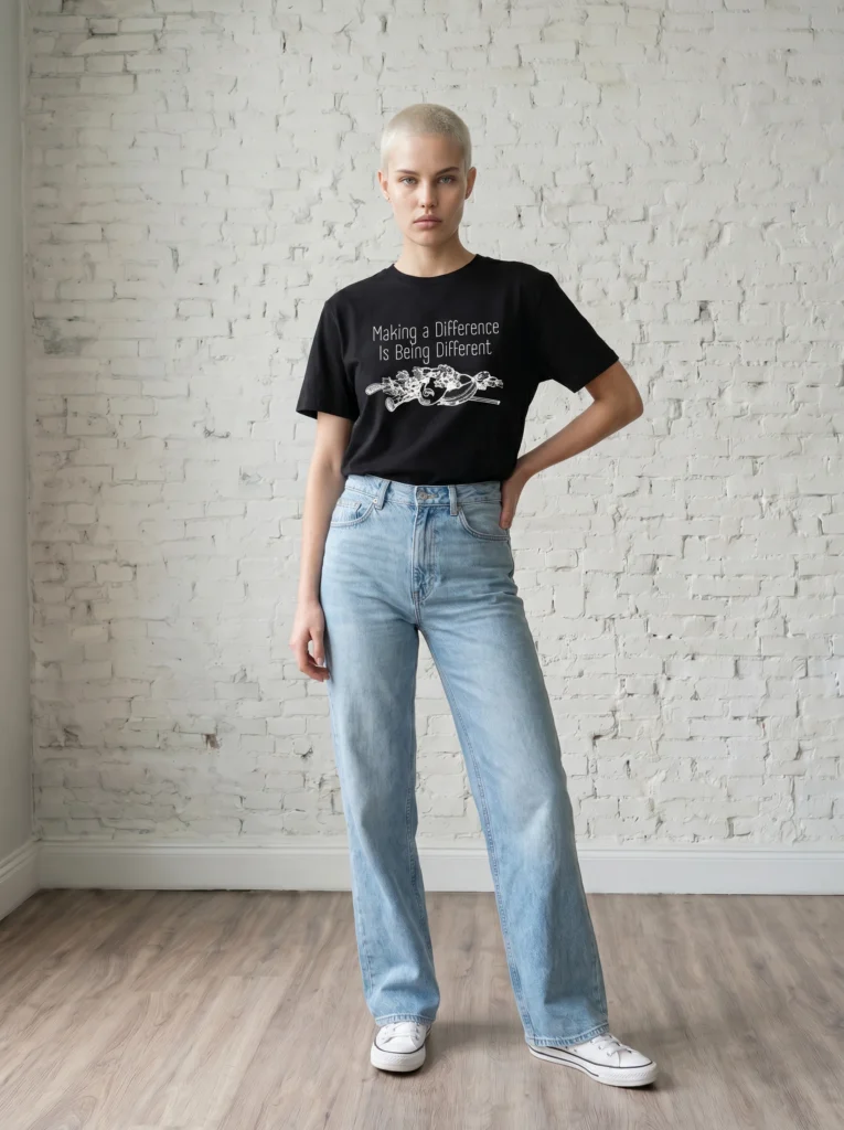 Female model wearing the Mastuhree Brand Don't Be Hooked graphic t-shirt with light wash denim jeans and white sneakers, promoting independent thinking, self-awareness, and meaningful streetwear fashion.