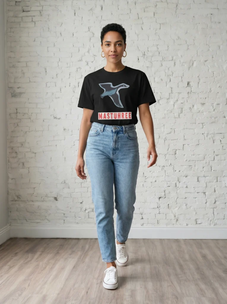 Female model wearing the Mastuhree Brand Fly Above It All graphic t-shirt with light denim jeans and white sneakers, representing resilience, freedom, ambition, and elevated streetwear fashion inspired by overcoming obstacles.