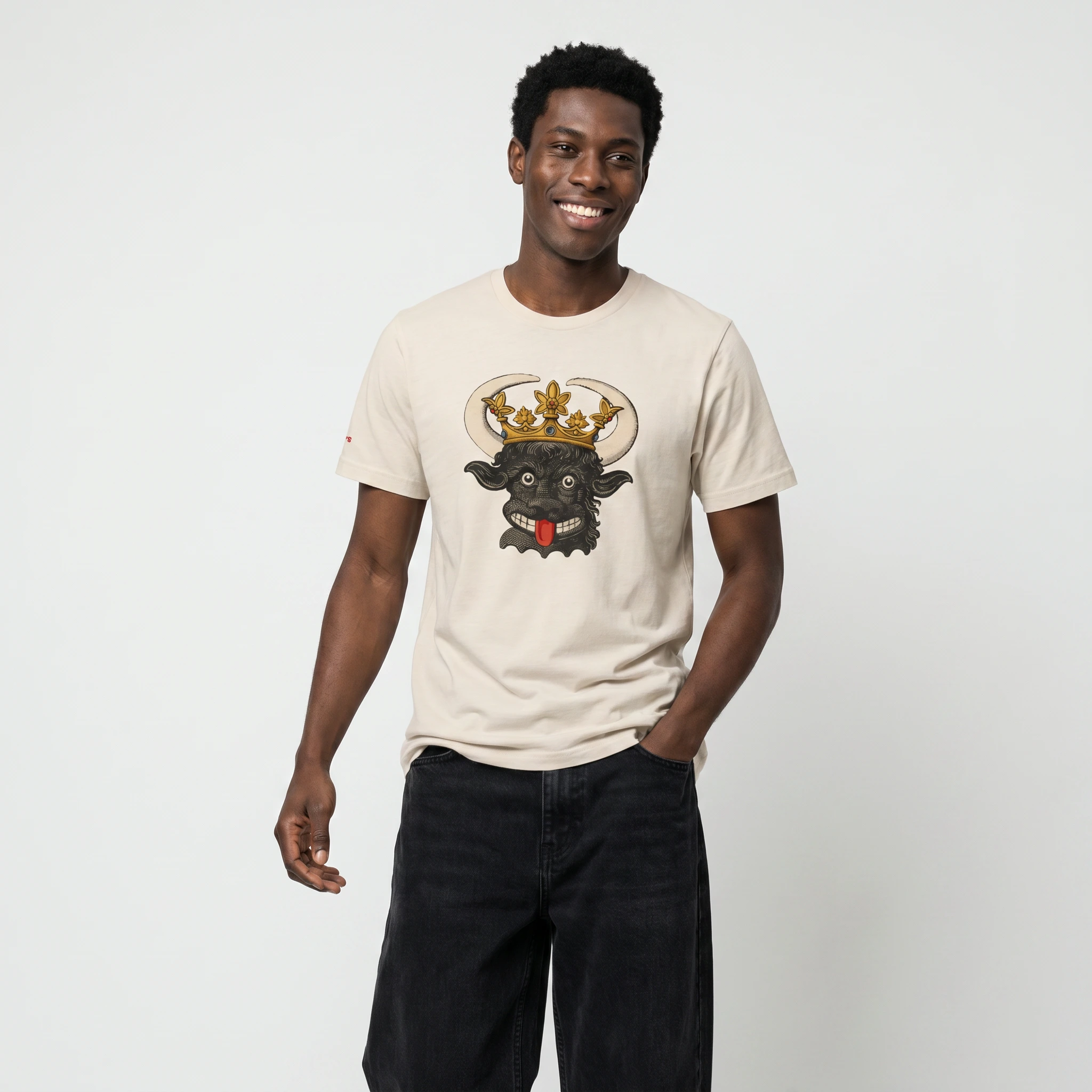 Male model wearing the Mastuhree Brand Funny Heraldry Medieval graphic t-shirt paired with casual streetwear styling, featuring a humorous heraldic crest inspired by medieval coats of arms, knights, and classic European heraldry traditions.