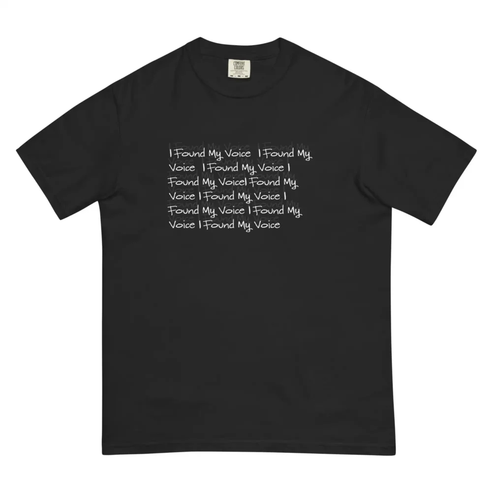 I Found My Voice graphic t-shirt by Mastuhree Brand inspired by contemporary text-based art and self-expression featuring bold typography and statement streetwear design.