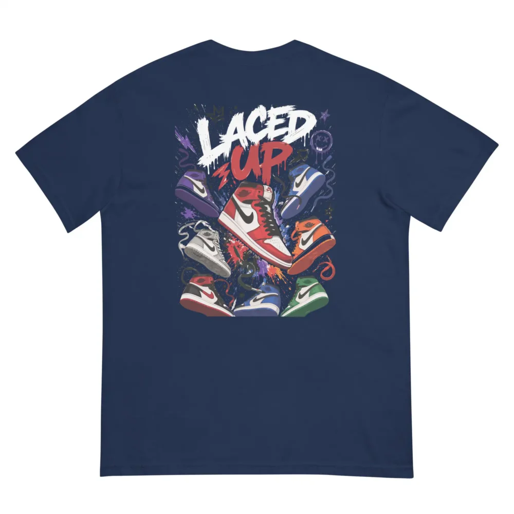 Back view of the Laced Up Back Graphic T-Shirt in true navy featuring the bold Laced Up graphic inspired by sneaker laces, kicks, and premium streetwear style.