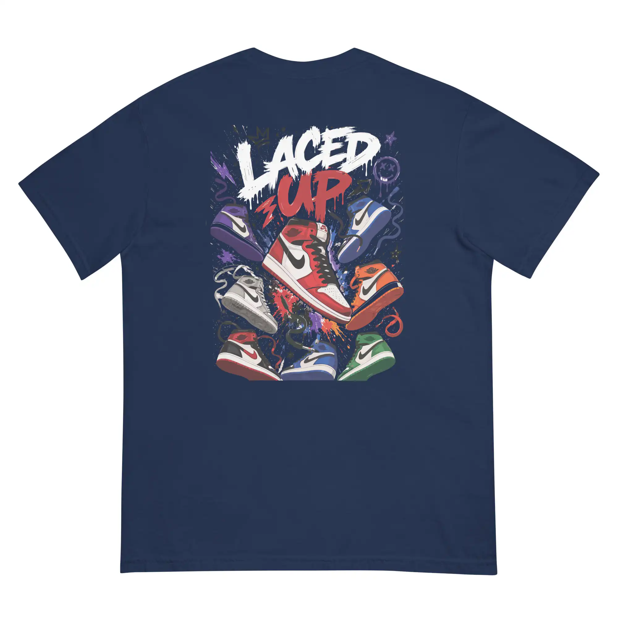 Back view of the Laced Up Back Graphic T-Shirt in true navy featuring the bold Laced Up graphic inspired by sneaker laces, kicks, and premium streetwear style.