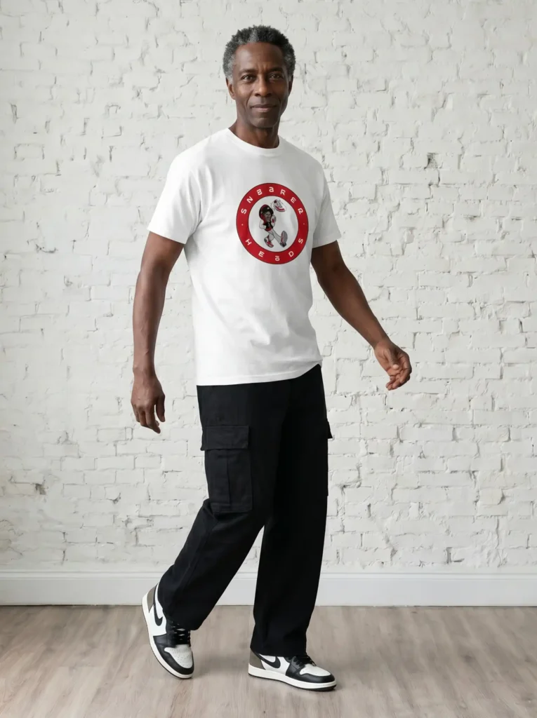 Mature male model wearing the Mastuhree Brand Sneakerhead graphic t-shirt with black cargo pants and black-and-white sneakers, showcasing premium streetwear style inspired by sneaker culture and urban fashion.