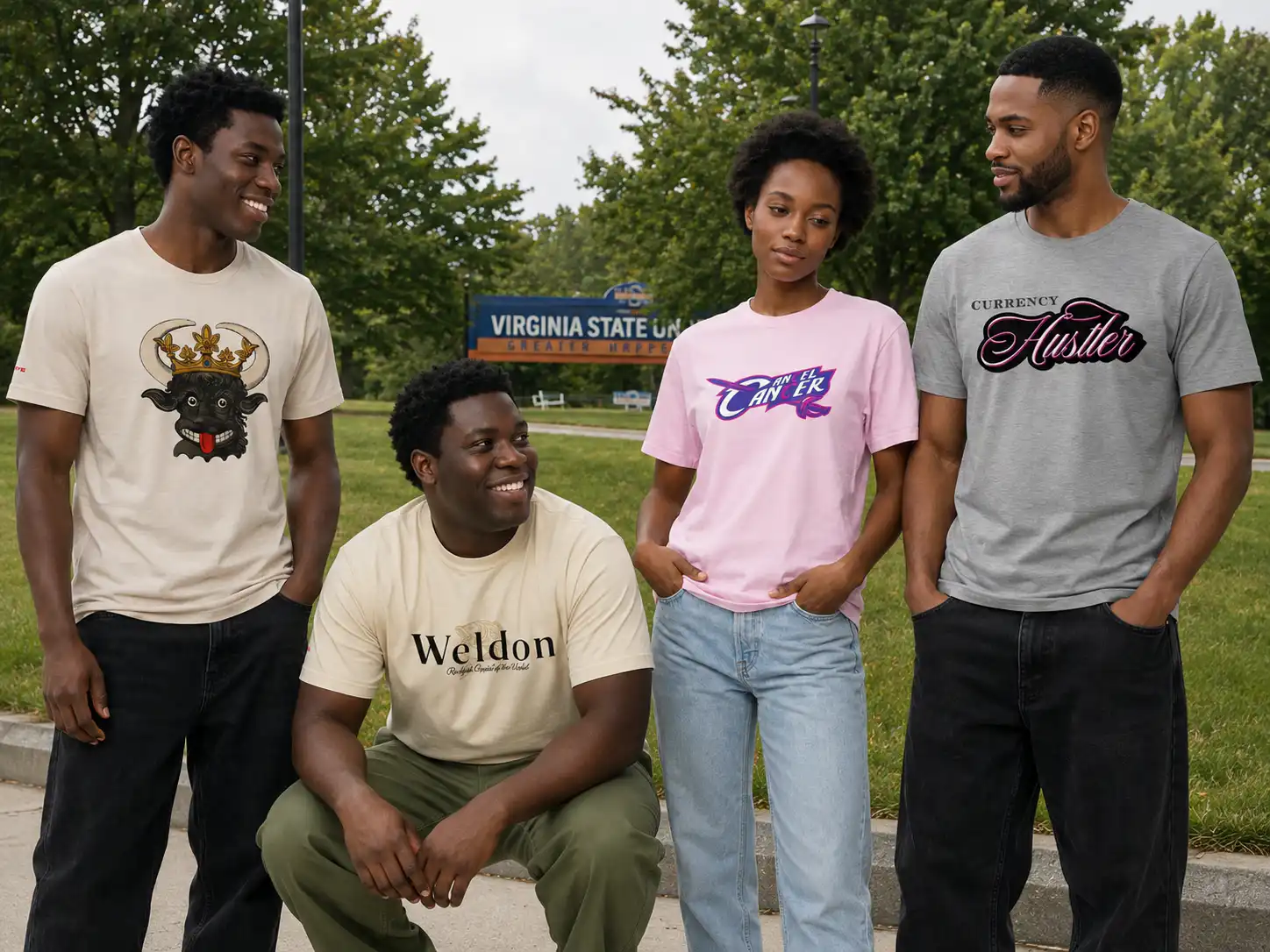 Male and female models wearing Mastuhree graphic T-shirts styled as everyday premium streetwear.