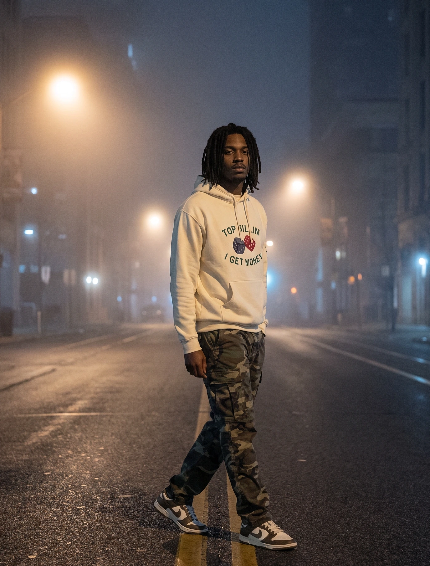 Model wearing the Mastuhree Top Billin’ hip hop hoodie with camouflage pants in an urban street setting