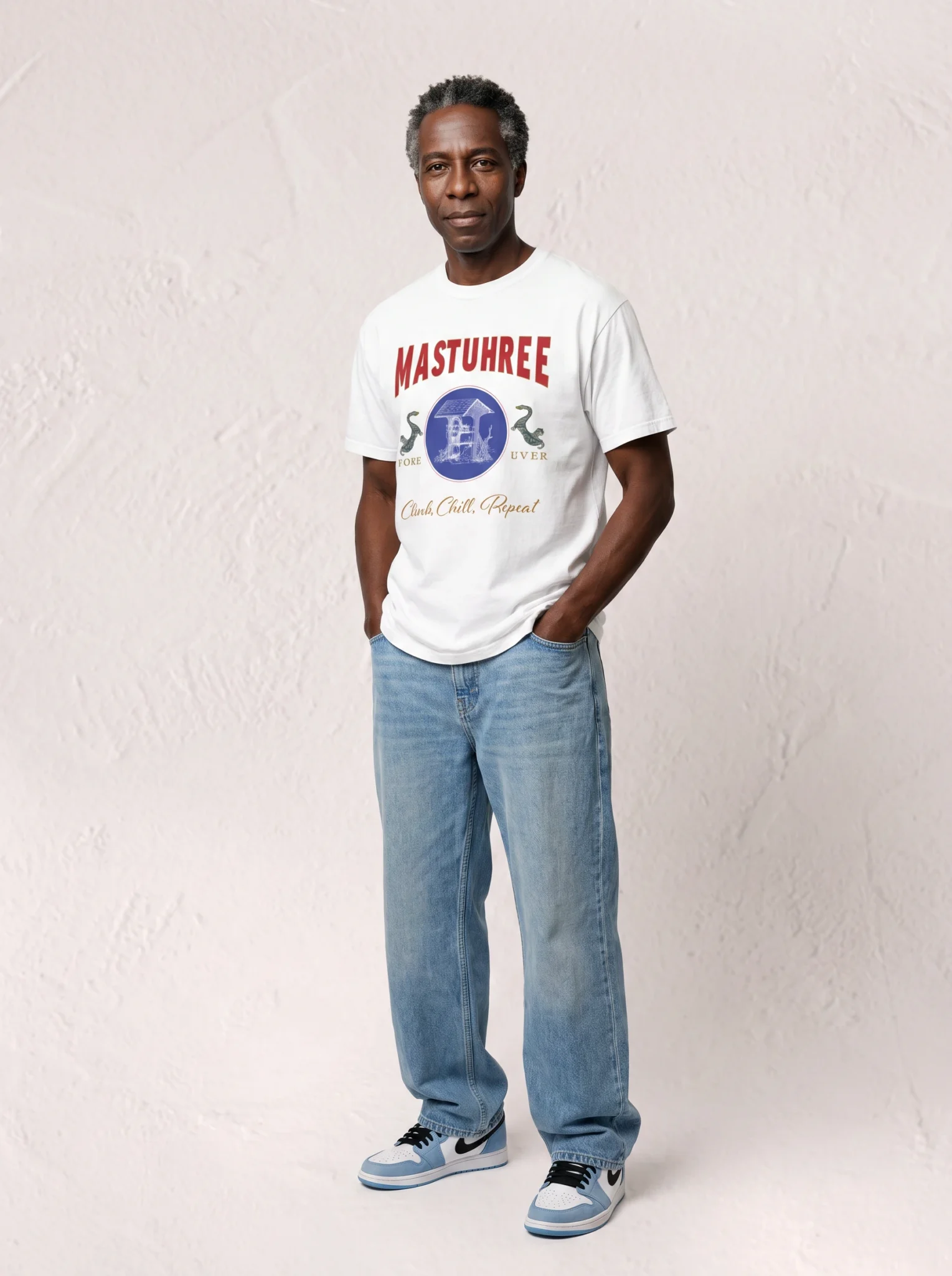 Man wearing authentic streetwear climb chill repeat t-shirt