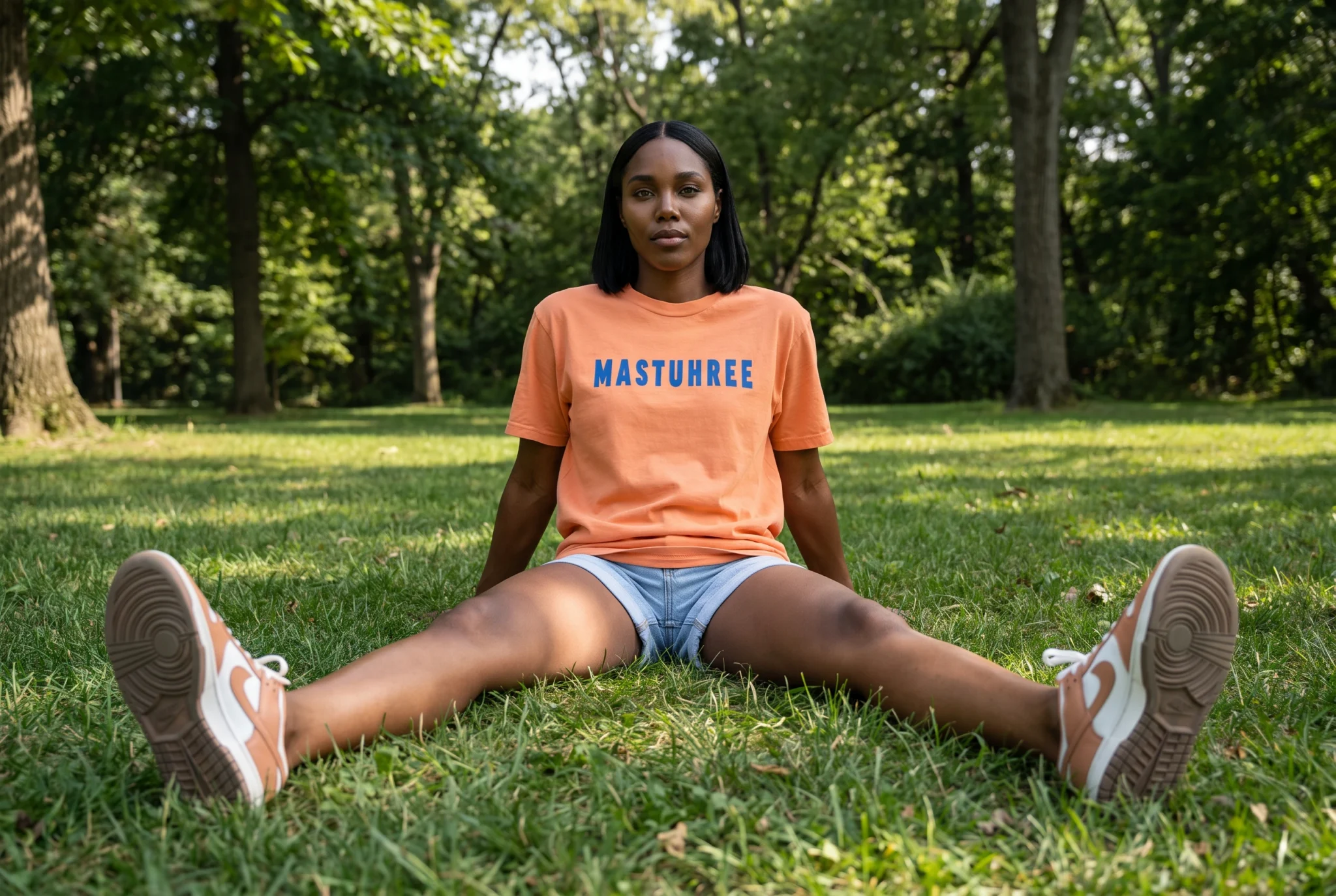 Woman wearing an orange Mastuhree college inspired streetwear T-shirt outdoors