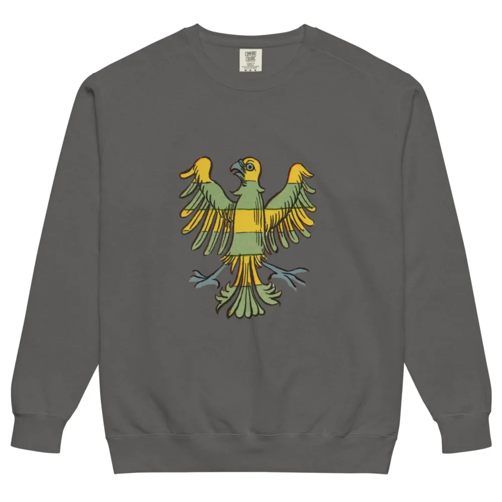 Fly premium streetwear sweatshirt in pepper gray with an original colorful bird graphic on the front