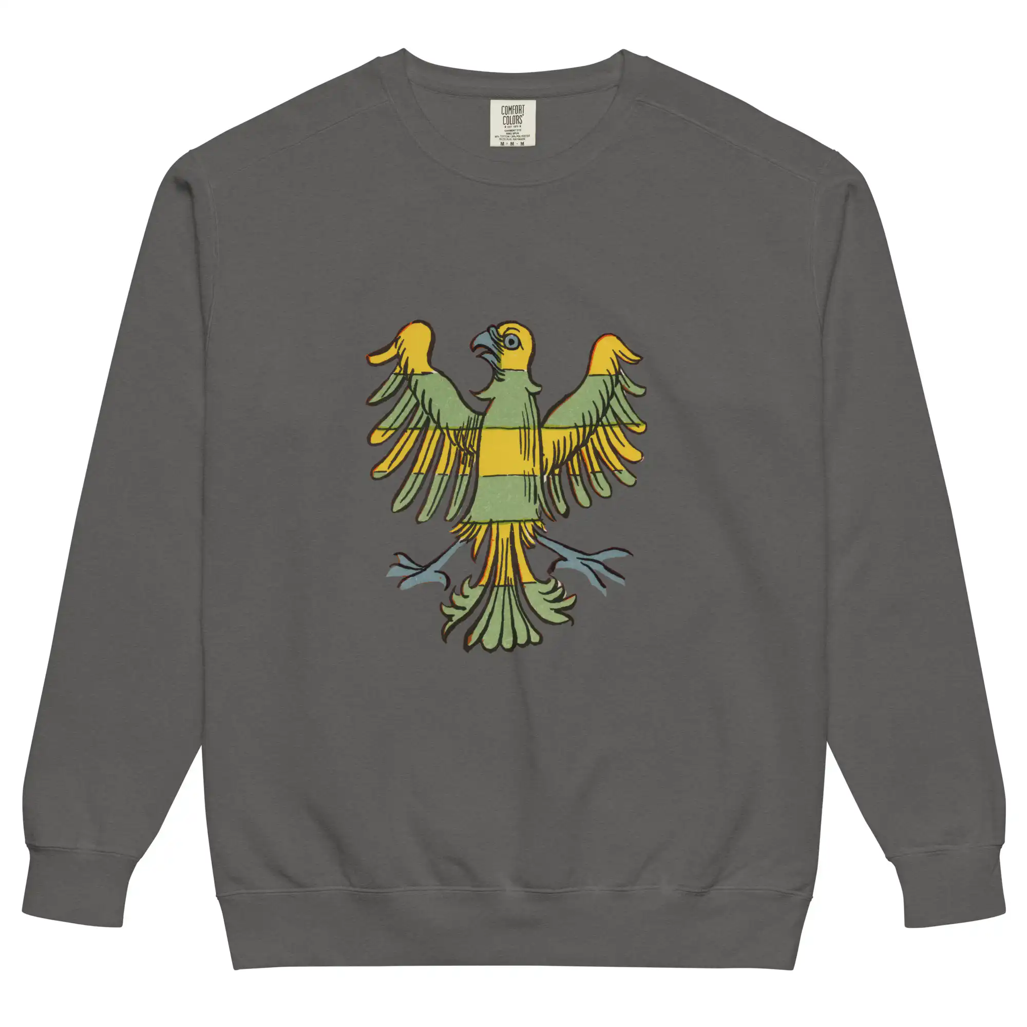 Fly premium streetwear sweatshirt in pepper gray with an original colorful bird graphic on the front