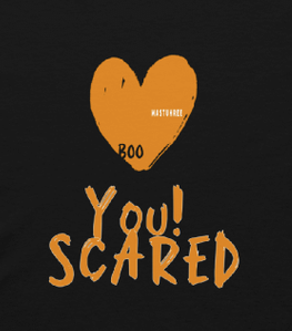 Black Follow Your Heart Halloween T-shirt featuring an orange heart and Boo, You Scared graphic. Close up.