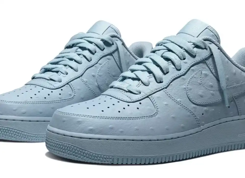 Travis Scott x Nike Ice Blue Air Force 1 Low featuring an ostrich-inspired textured upper