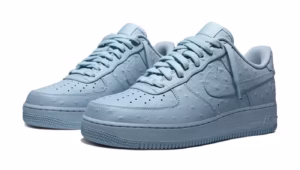 Travis Scott x Nike Ice Blue Air Force 1 Low featuring an ostrich-inspired textured upper