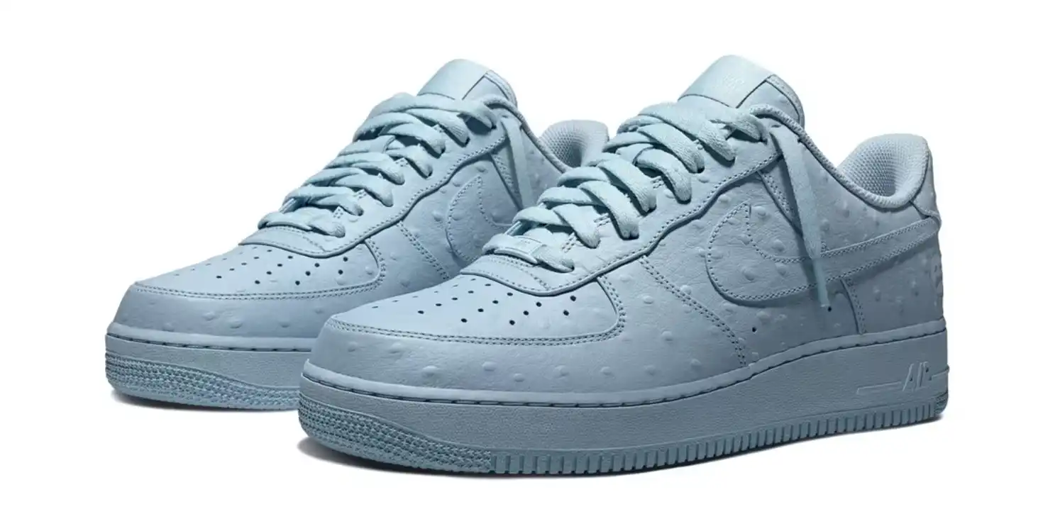 Travis Scott x Nike Ice Blue Air Force 1 Low featuring an ostrich-inspired textured upper